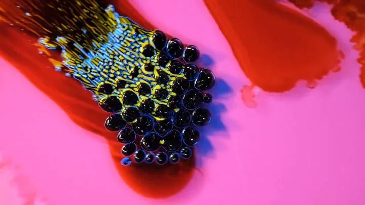 Pigment and glass beads spreading across a wet surface in pink and red.