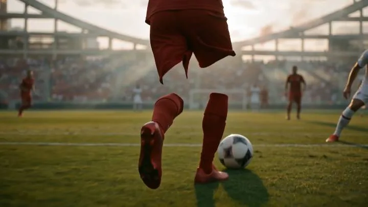 A player striking a ball on a floodlit pitch, a full stand behind.