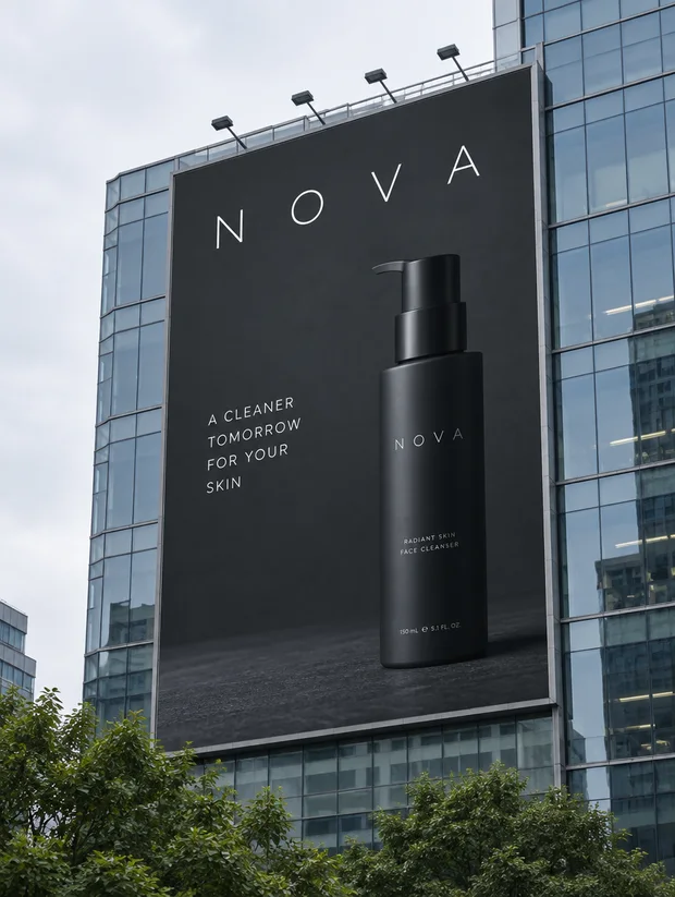 A NOVA billboard on a glass building.