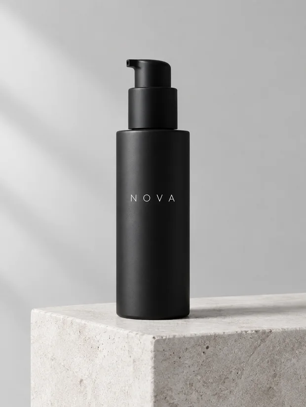 A matte black NOVA bottle on a stone plinth in soft daylight.