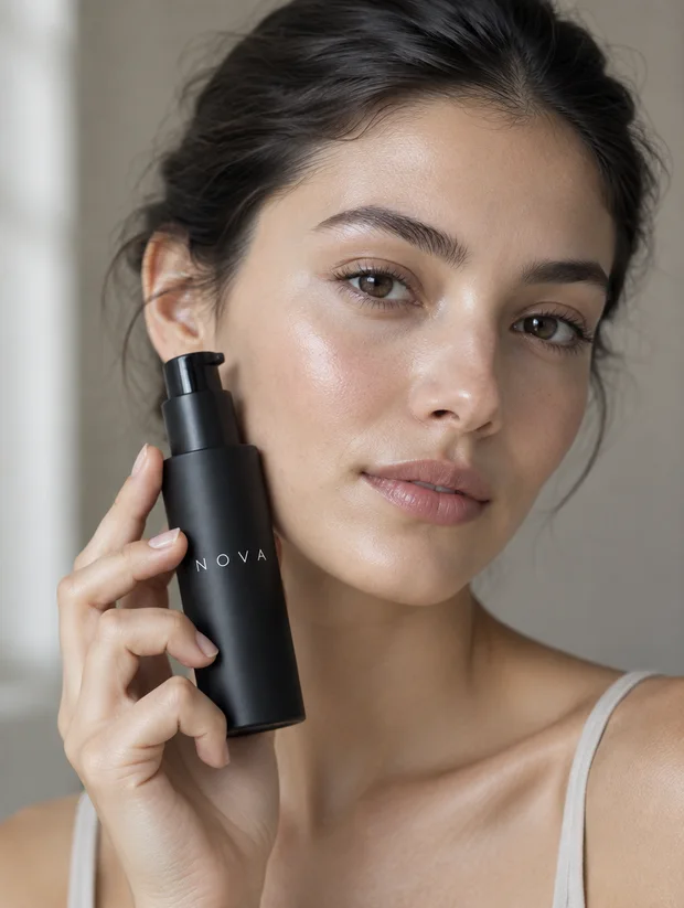 A woman holding the NOVA bottle beside her cheek in window light.