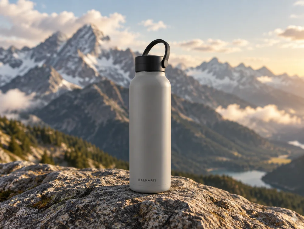 The bottle standing on a granite ledge, a mountain range behind it.
