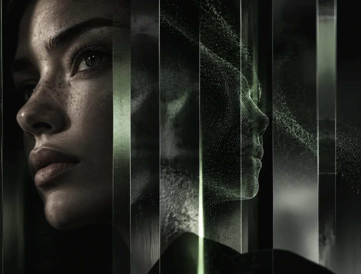 A woman’s face in profile, repeated through vertical panes into a green point cloud.