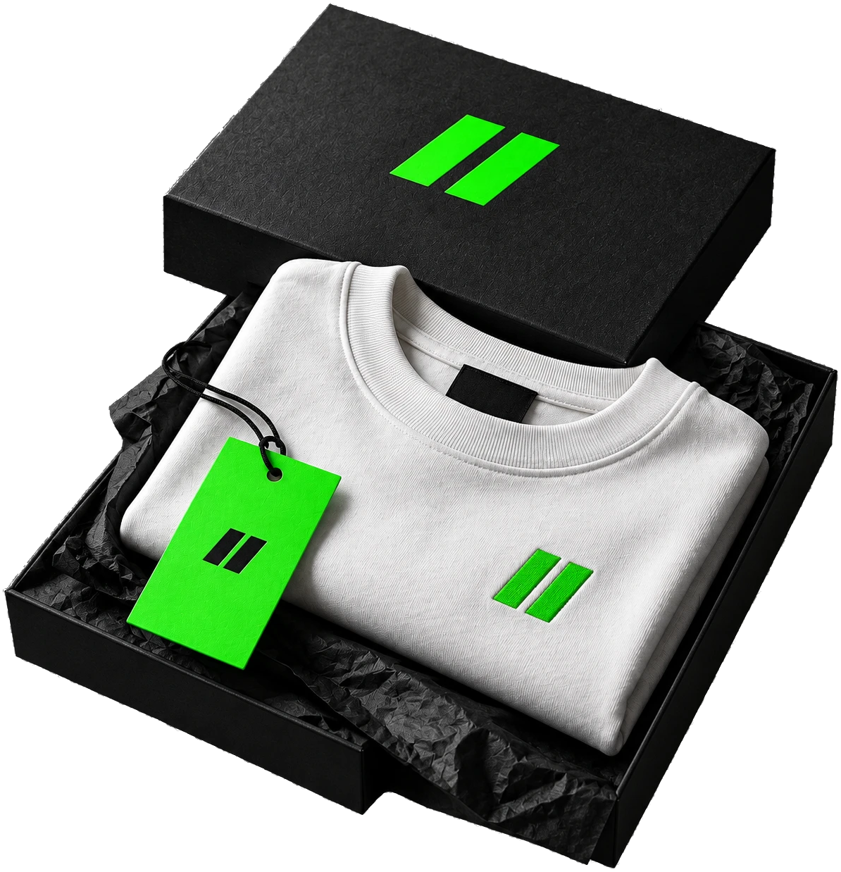 An open black gift box holding a folded white T-shirt, with a green hang tag and the green mark on the lid and the chest.