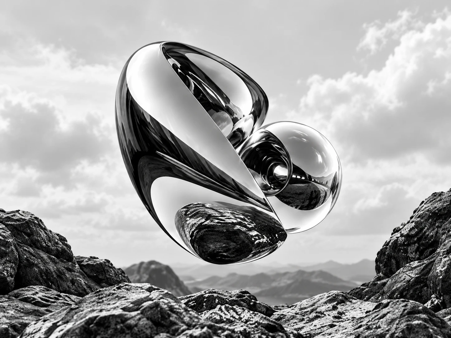 A polished chrome sculpture floating above dark rocks under a cloudy sky.