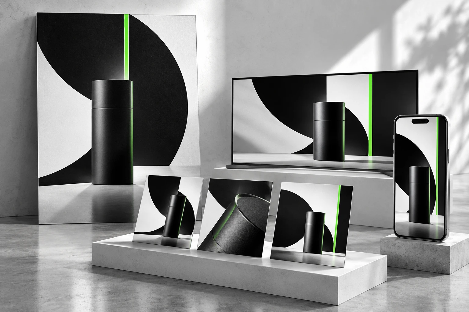 One image of a black cylinder and a green line, repeated on a poster, a screen, three prints and a phone.