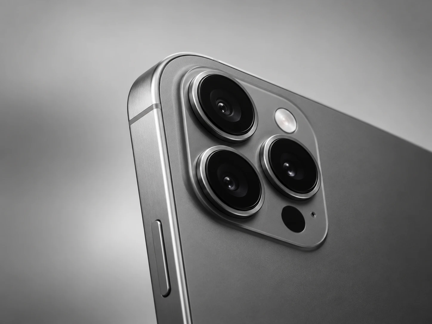 The back of a titanium phone, its three camera lenses in close-up.