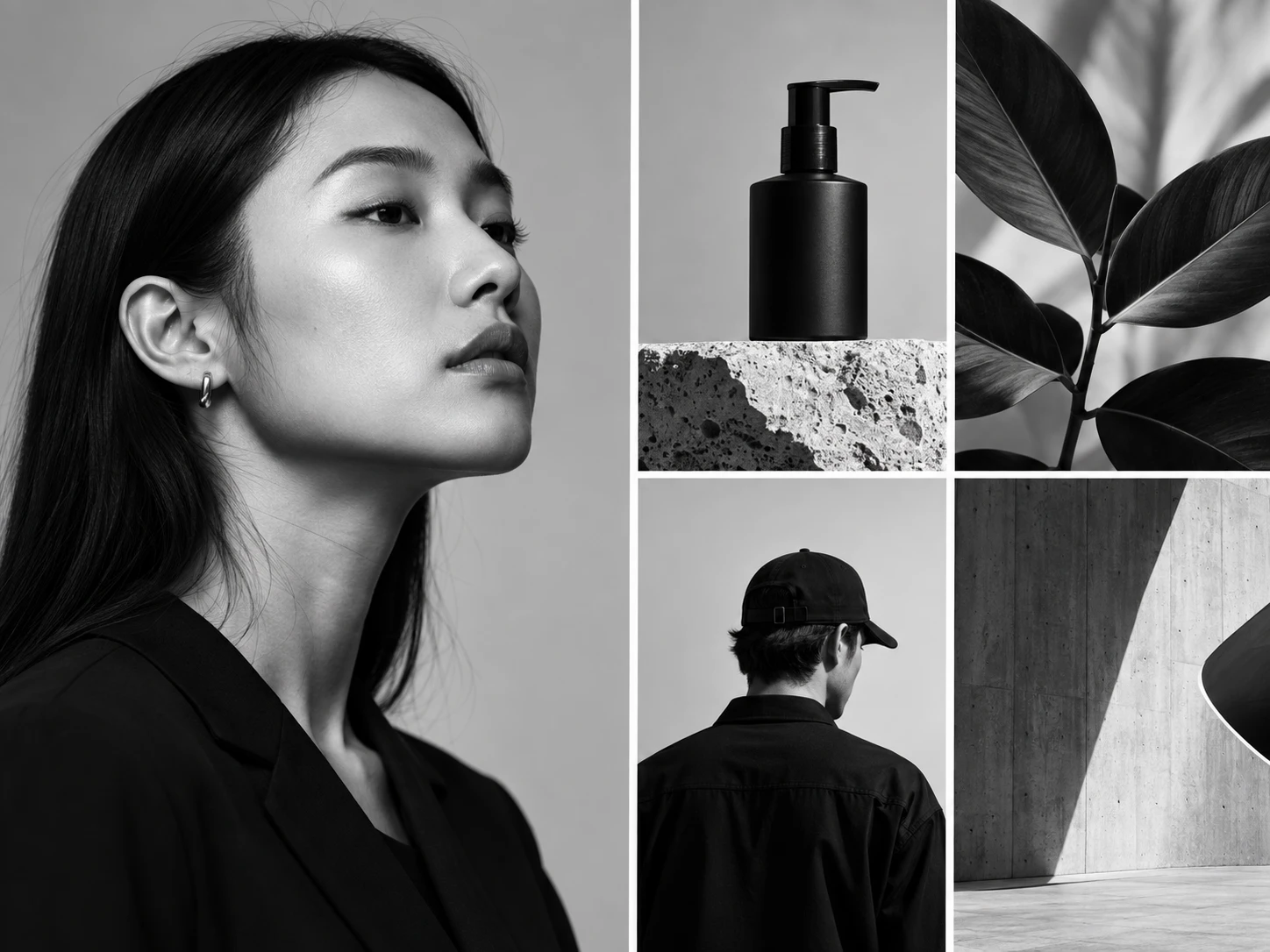 Five black-and-white photographs: a woman in profile, a pump bottle on stone, dark leaves, a man in a cap from behind, and a concrete wall.