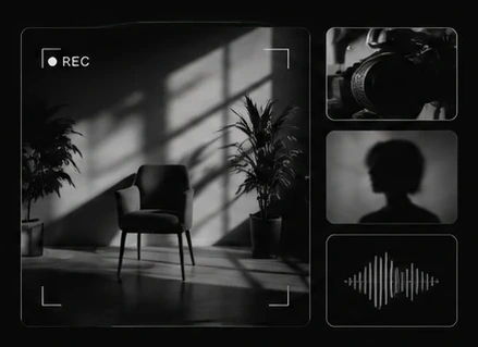 A camera frame recording an empty chair in a sunlit room, beside a camera, a silhouette and a sound wave.