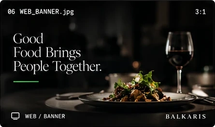 A dark web banner reading “Good Food Brings People Together.”, a plated dish and a glass of red wine beside the words, signed Balkaris.
