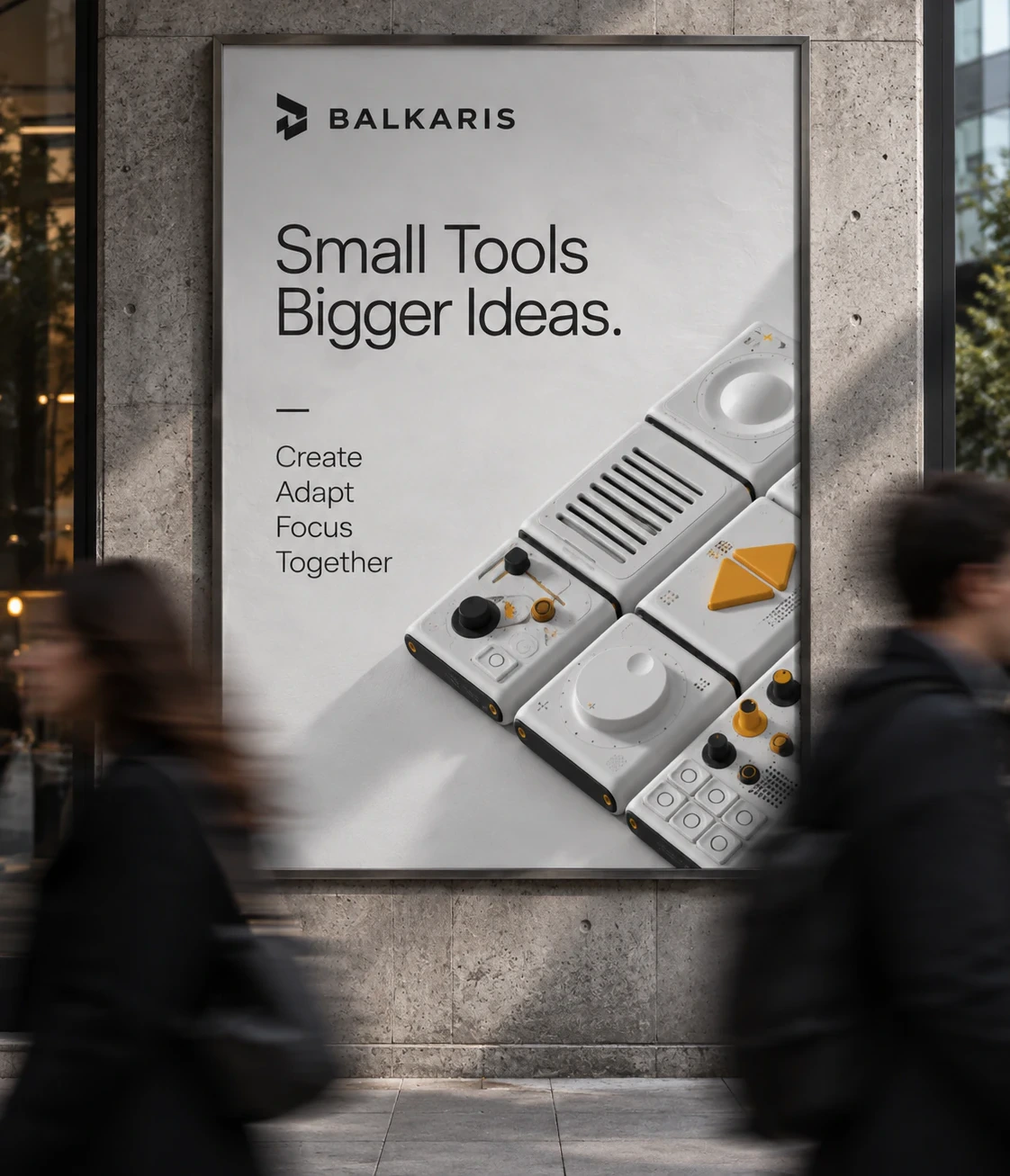 A Balkaris poster of the pack on a concrete wall in the street, people walking past in a blur