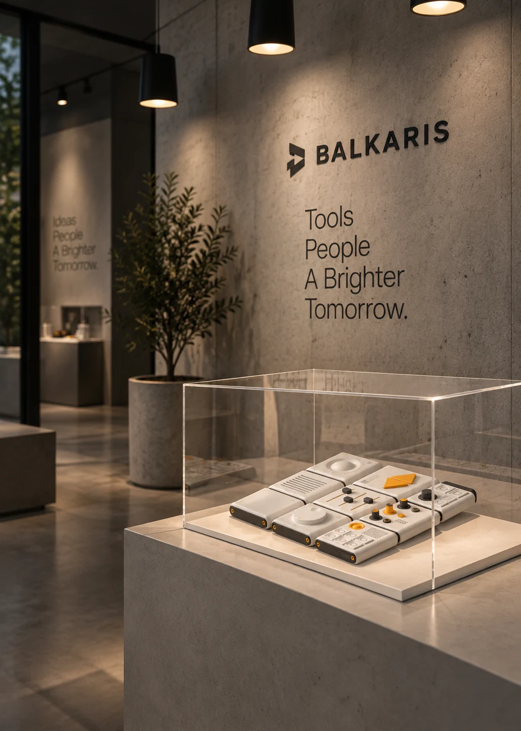 A showroom: the pack under an acrylic case on a stone plinth, the Balkaris name on the concrete wall behind it