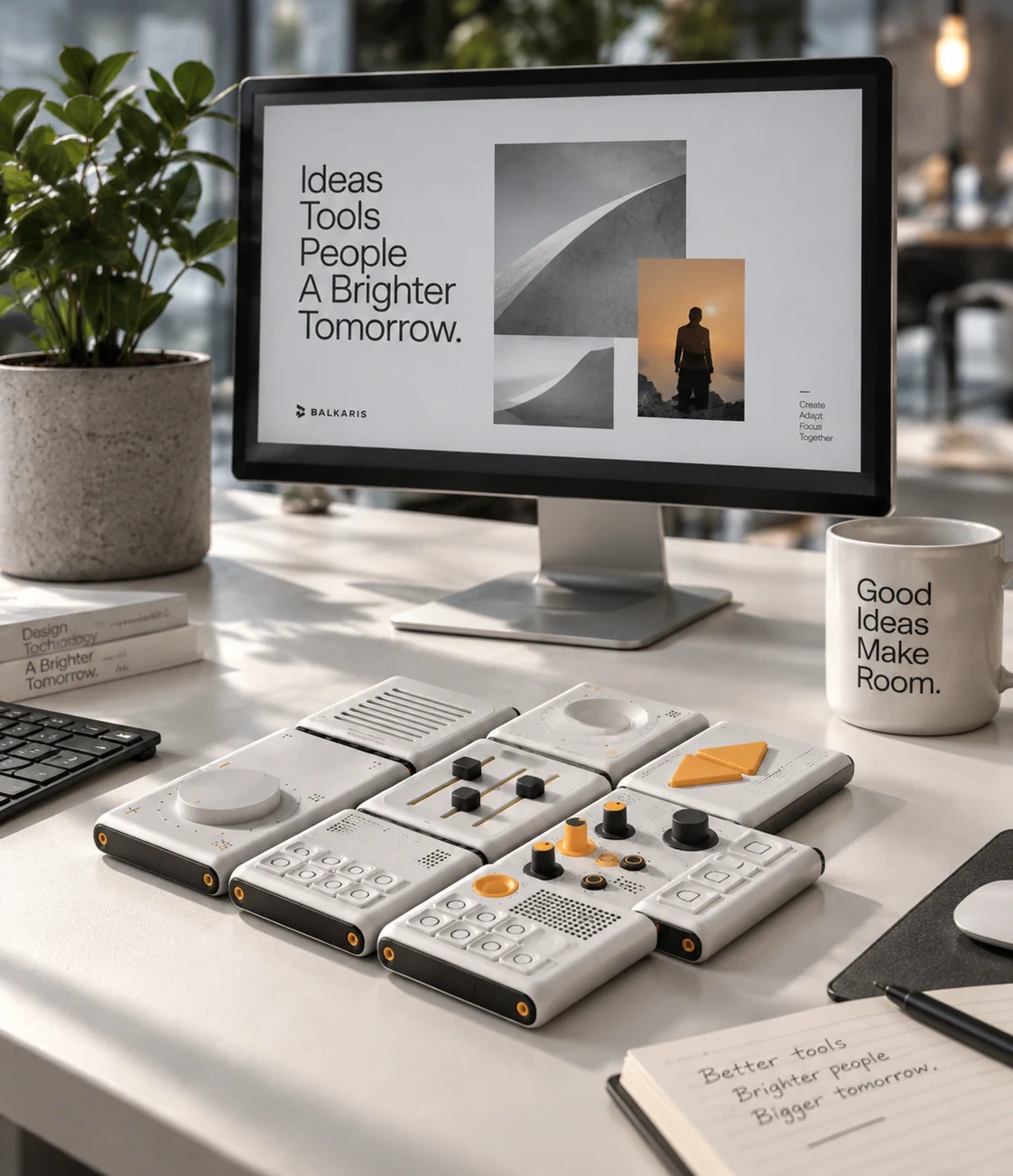 The pack on an office desk in front of a monitor showing a Balkaris layout, a mug beside it