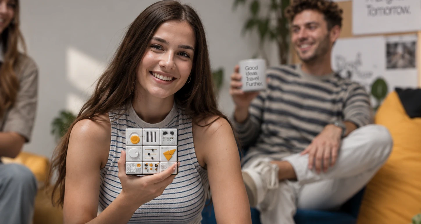 A smiling woman holds the pack of modules up to the camera while friends laugh on a sofa behind her
