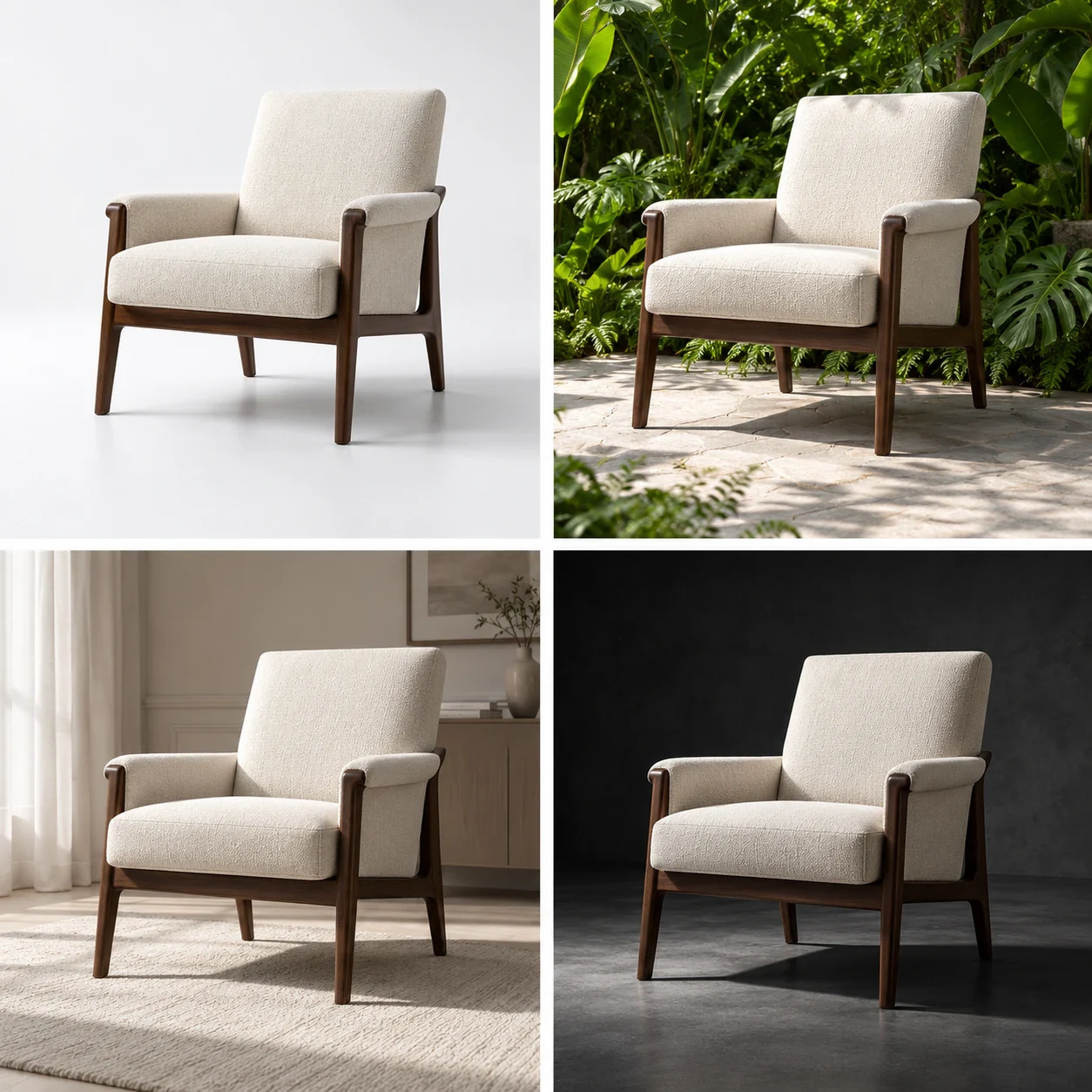 One armchair in four settings: a white studio, a garden, a living room and a dark room