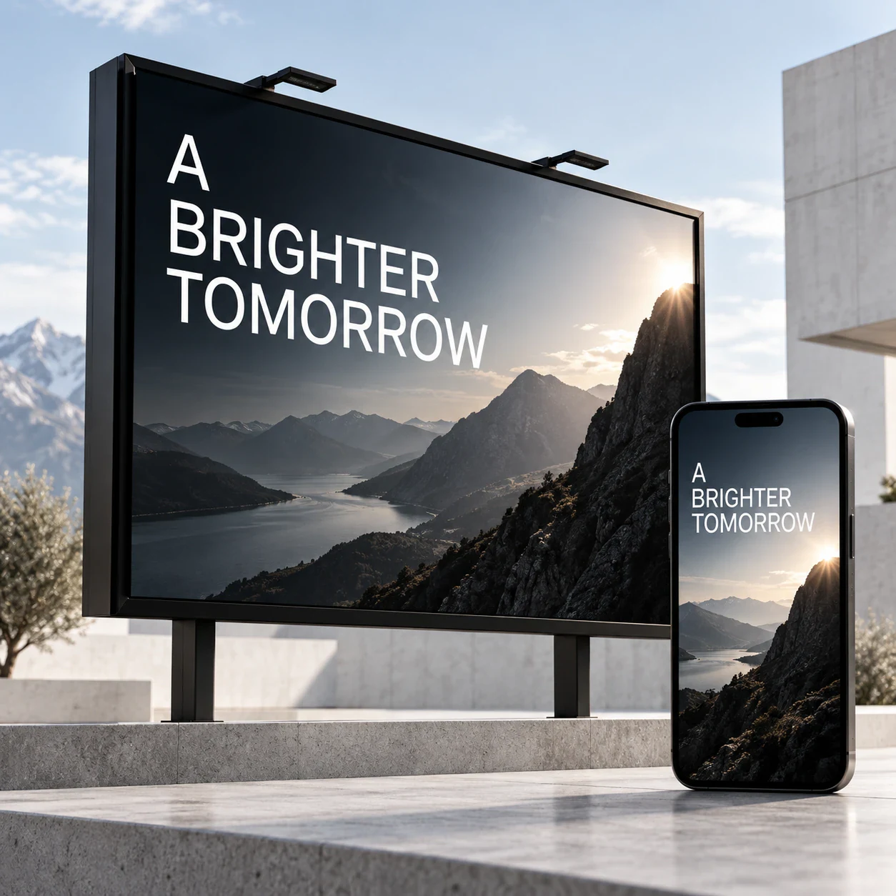 A billboard and a phone showing the same campaign, A Brighter Tomorrow, over a mountain lake