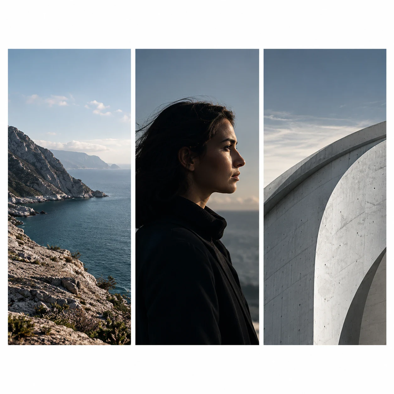 Three tall photographs side by side: a rocky coast, a woman in profile and a curve of concrete