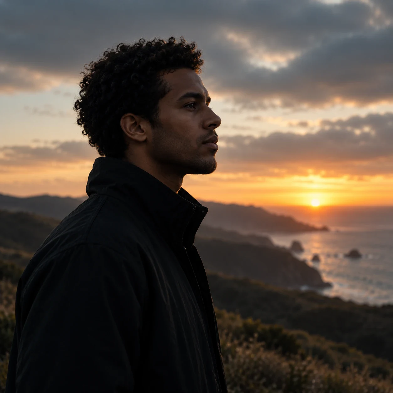 A man in a black jacket in profile, a sunset over a rocky coast behind him