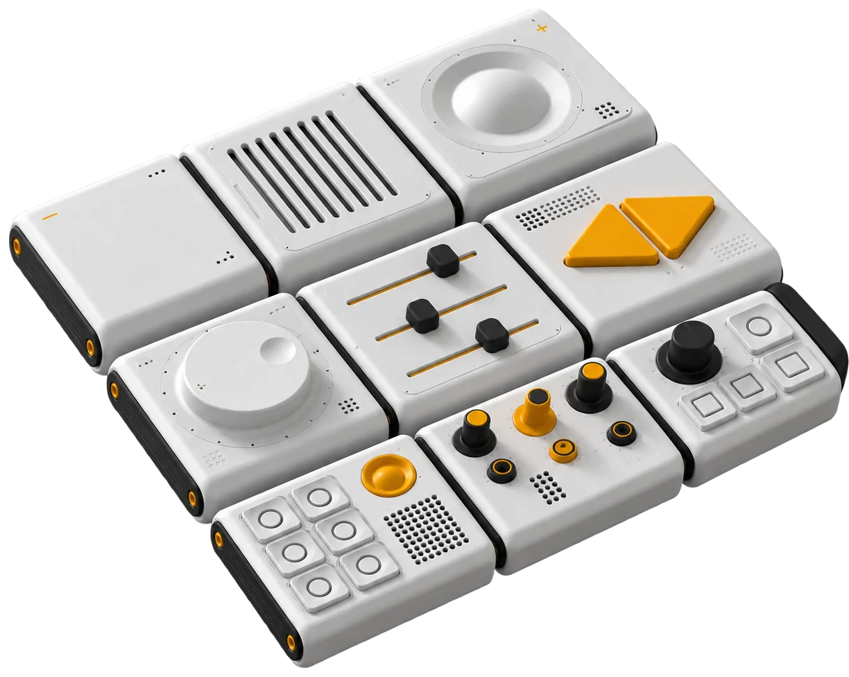 The nine white modules as one pack — faders, knobs, keys, a grille and a dome — cut out and laid at an angle
