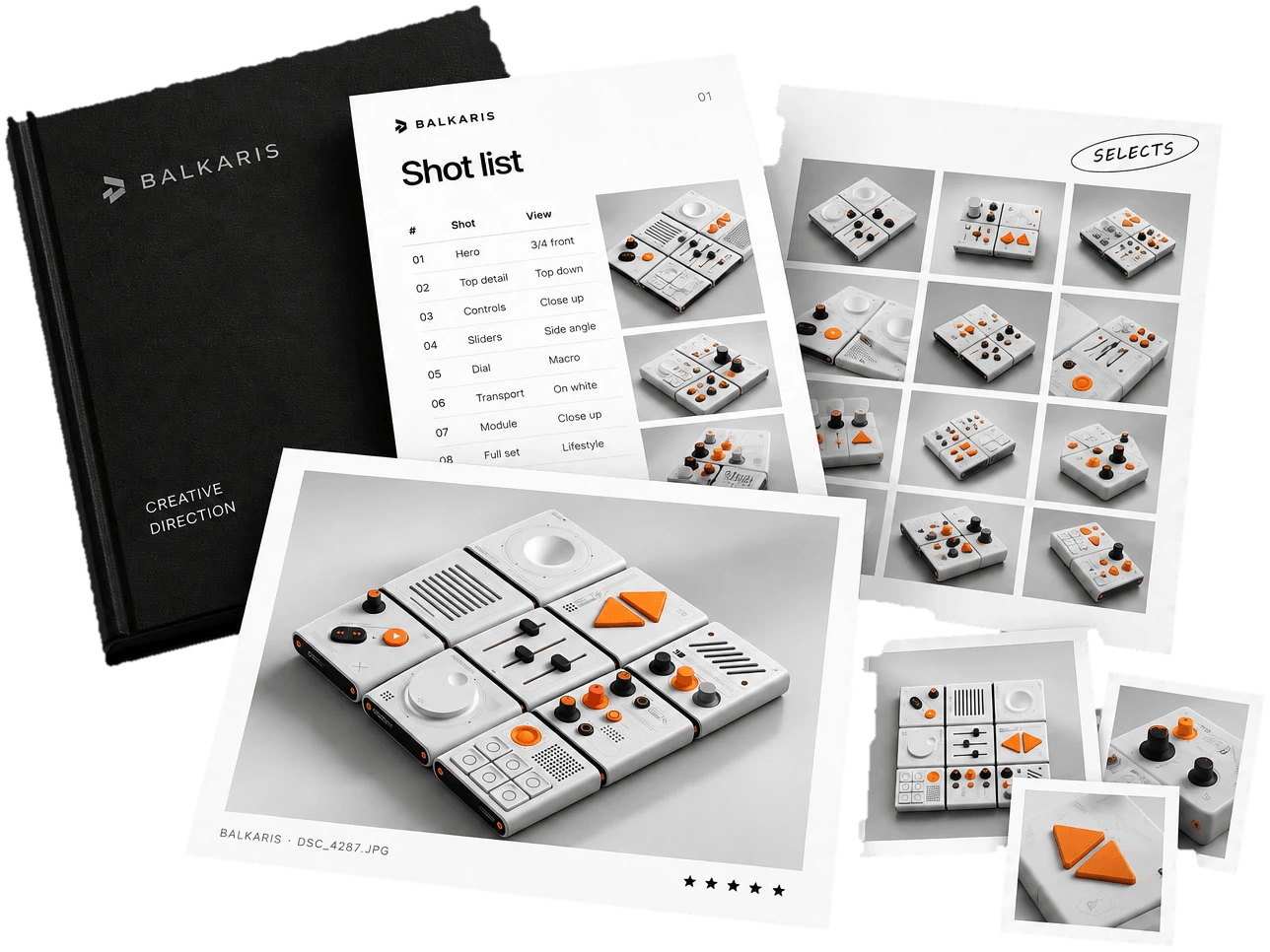 The creative direction book, the shot list, a sheet of selects and the finished prints of the modules, laid out together