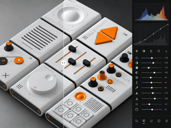 The modules in an editing app, split before and after, beside the histogram, the curve and the sliders