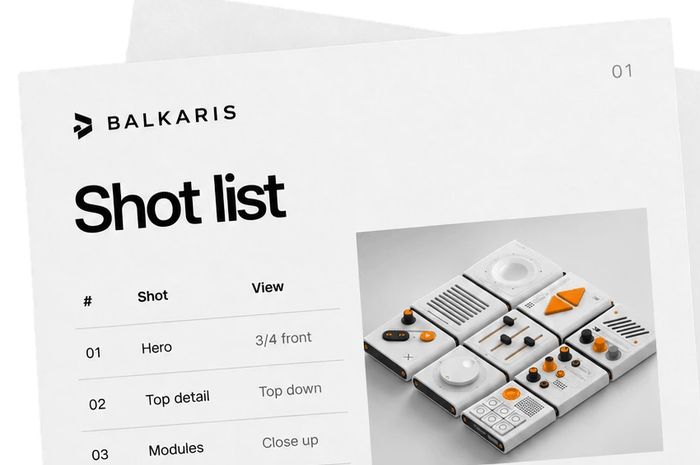 A Balkaris shot list: each shot of the modules with its view, beside reference photographs