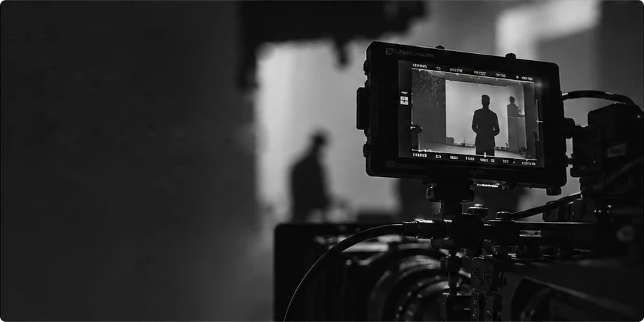 A camera on set, its monitor framing a figure in a bright doorway.