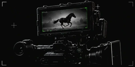 A cinema camera with its monitor showing a running horse.