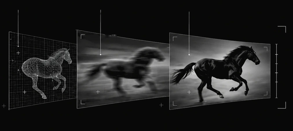 Three panels in a row: a running horse drawn as a wireframe on a grid, the same horse blurred in motion, and the horse sharp on a grey plain.