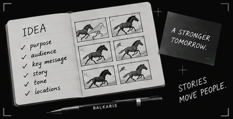 An open notebook: an idea checklist beside six drawn storyboard frames.