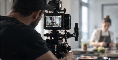 A camera operator in a black cap films a cook at a kitchen counter; the shot is on the camera's monitor.