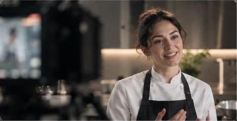 A cook in a white jacket and a dark apron smiles as she talks in a kitchen.