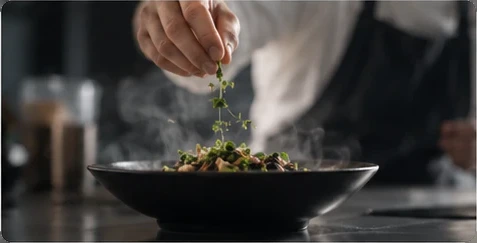 A hand scatters herbs over a dark bowl of food, steam rising from it.