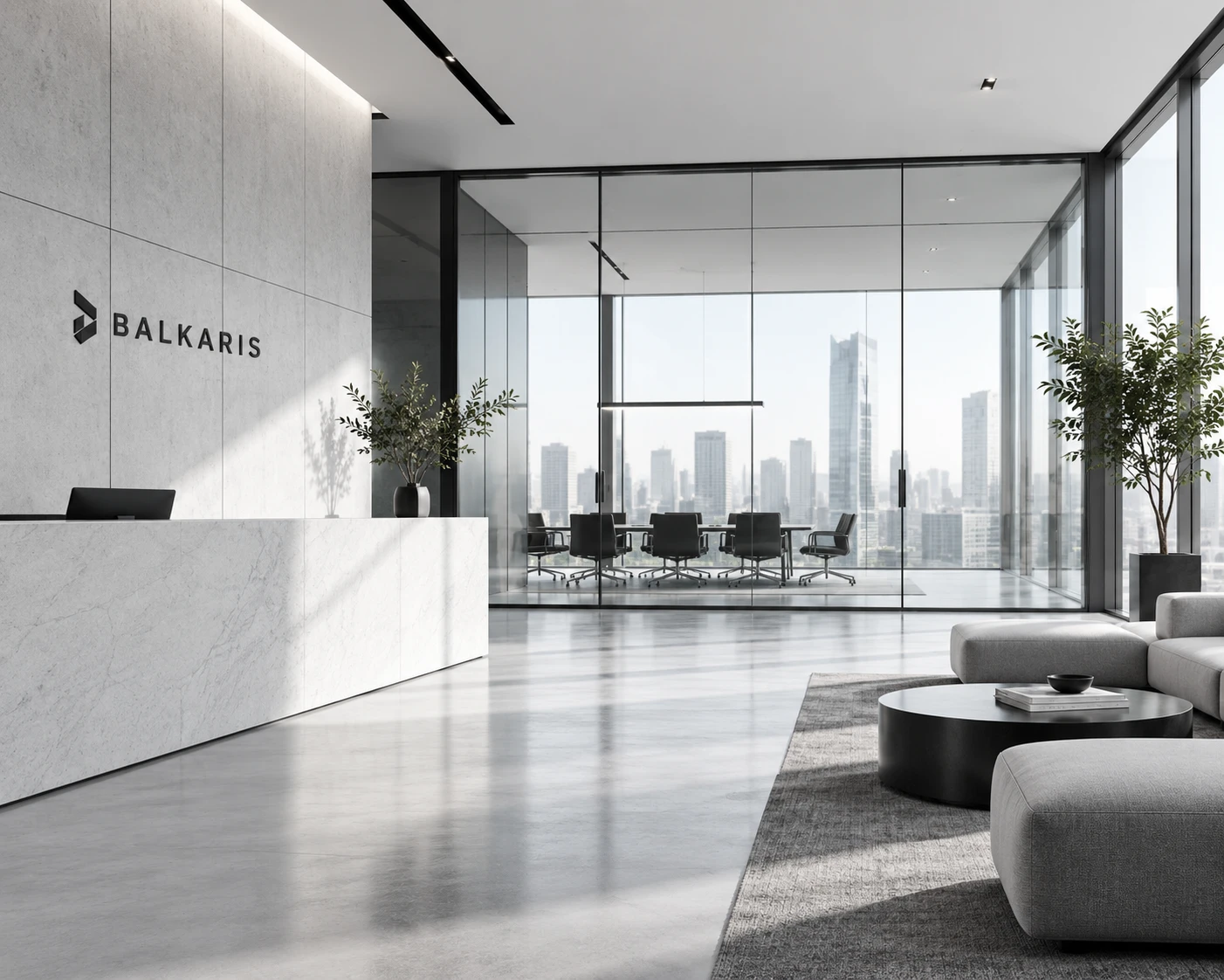 An empty, glass-walled office floor above a city, lit by the window wall.