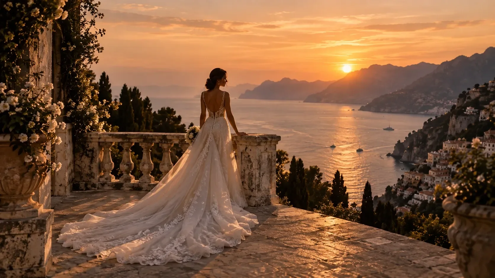 A bride alone at a stone balustrade above the sea, her lace train spread across the terrace, the sun low on the water.