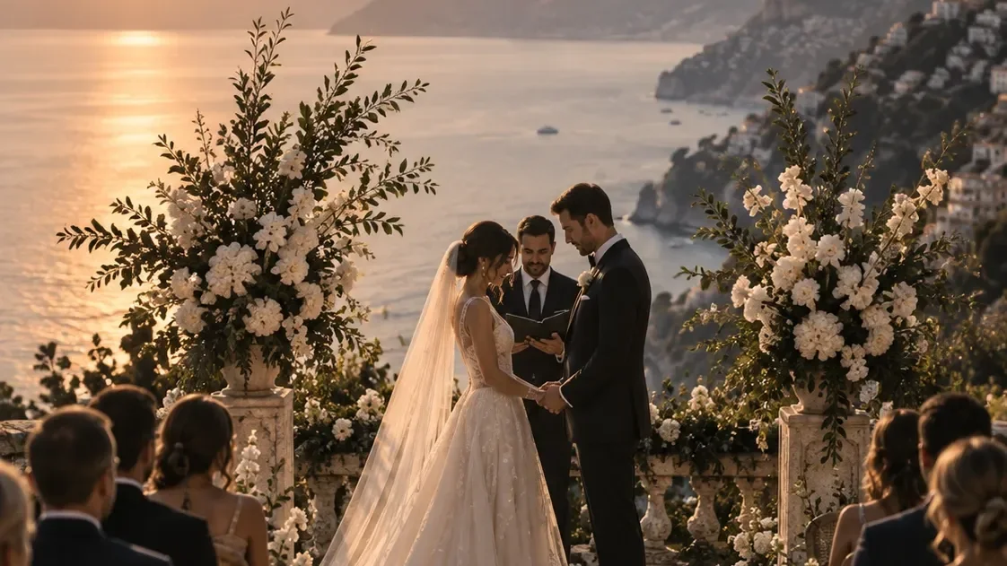 A couple at the altar with the sea behind them, guests either side.