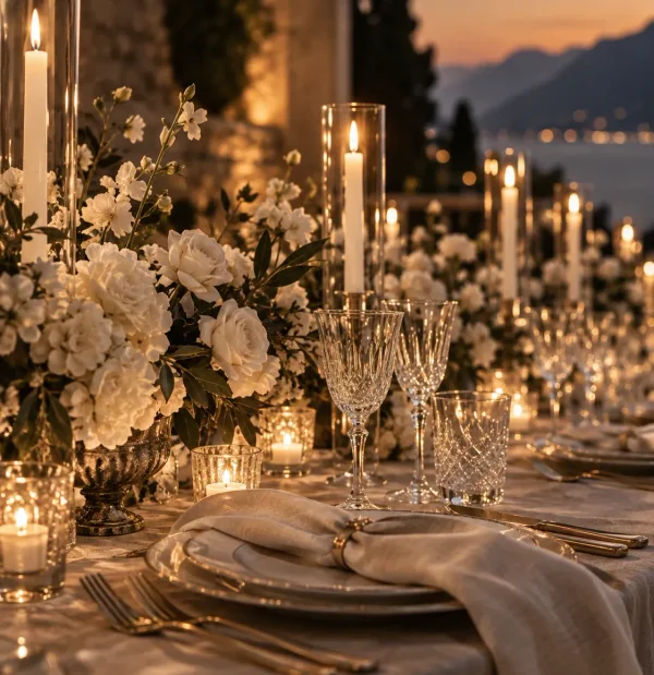 Candles and white flowers down a laid table, the coast lit behind.
