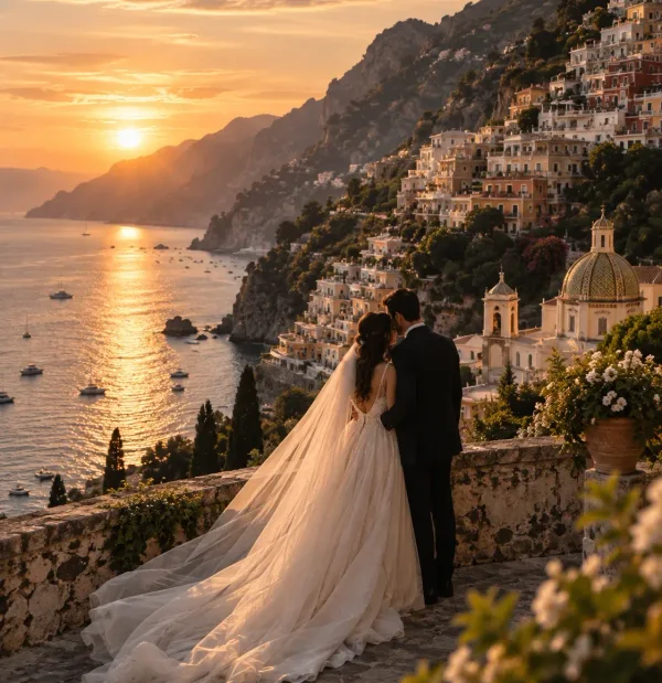 A couple on a terrace looking out over a town stacked above the water at sunset.