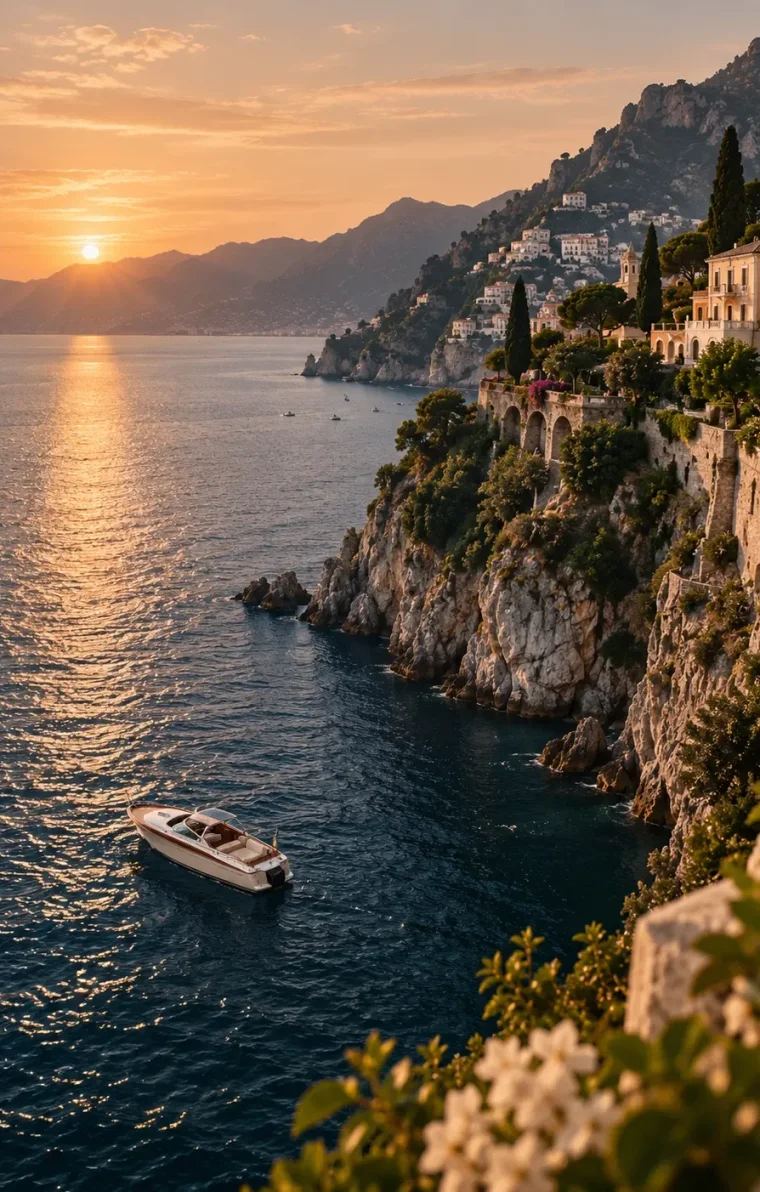 A small boat on deep water below a cliff road, the sun setting behind the coast.