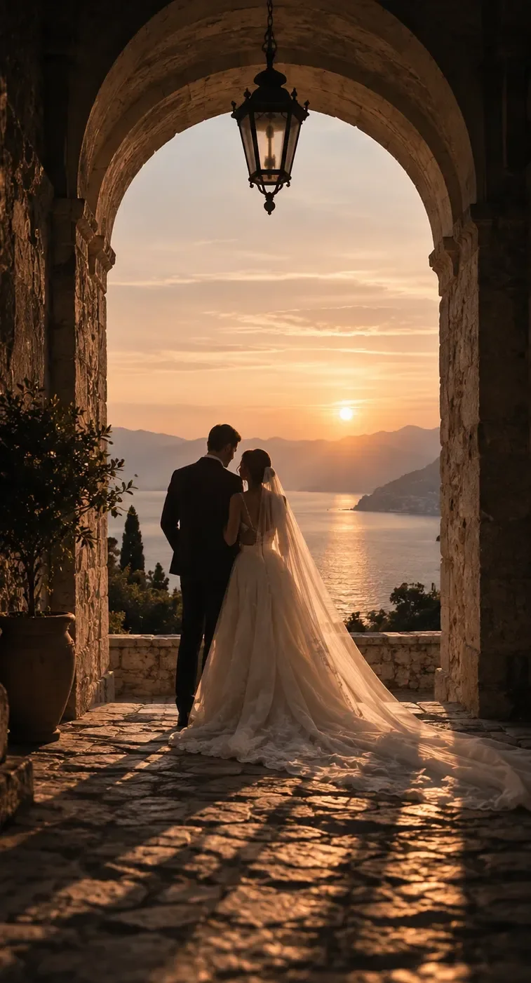 A couple standing together in a stone archway under a lantern, the sun going down over the water in front of them.