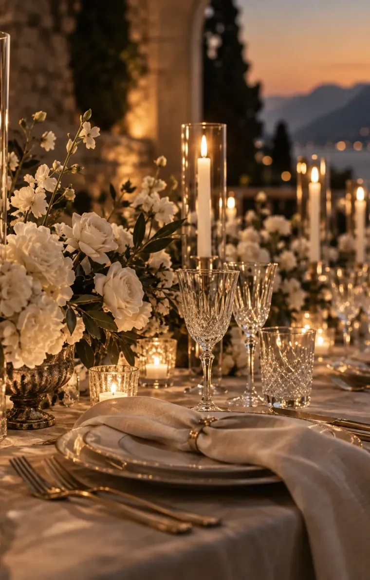Tall candles and white roses running down a dinner table laid with crystal, dusk over the sea behind.