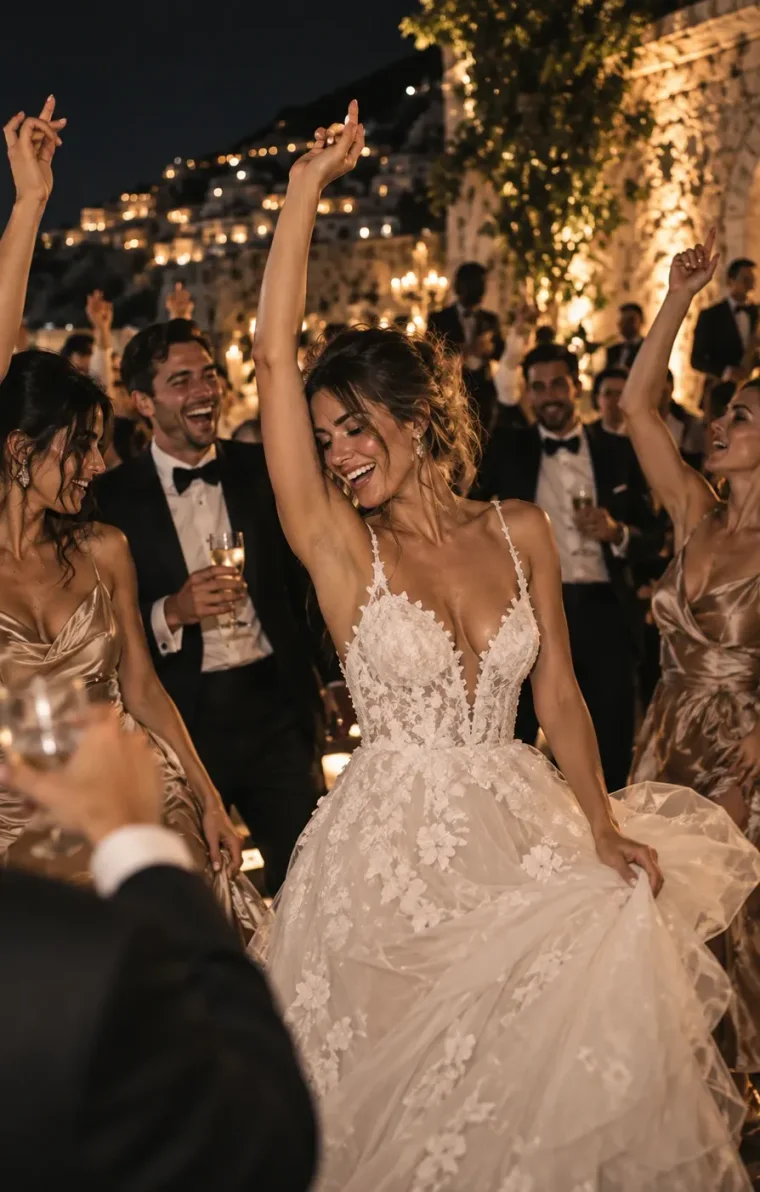 A bride dancing with her arms above her head, guests around her with their glasses up.