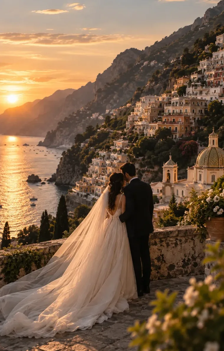 A couple on a terrace above a lit hillside town, looking out at the sunset together.