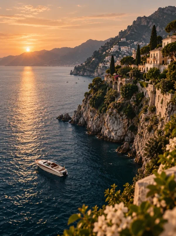 A small boat on dark water far below a cliffside town, the sun setting behind the headland.