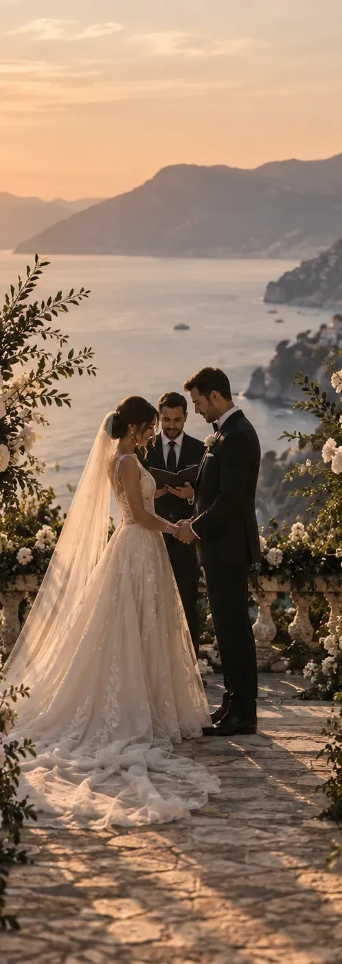 A couple holding hands in front of a celebrant, flowers either side of them and the sea beyond.