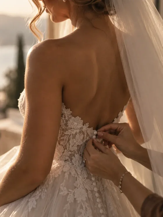 Hands doing up the buttons at the back of a bride's dress, her veil over her shoulder.