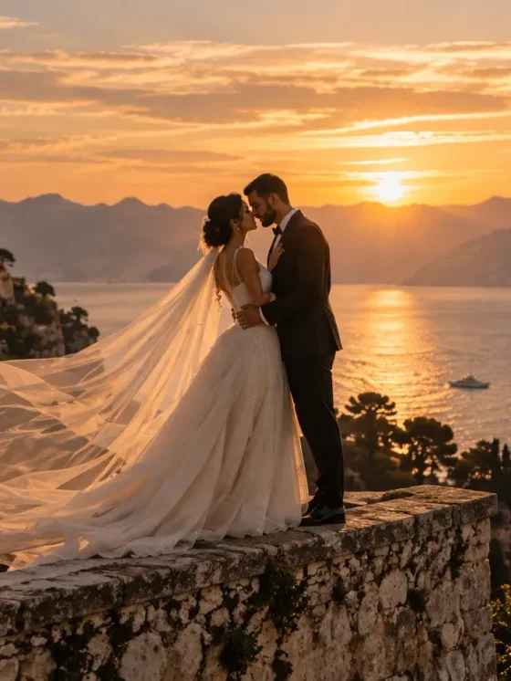 A couple face to face on a terrace wall, the sun setting on the water behind them.