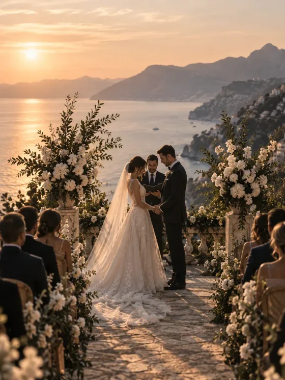 A bride and groom holding hands in front of a celebrant, flowers either side and the coast behind.