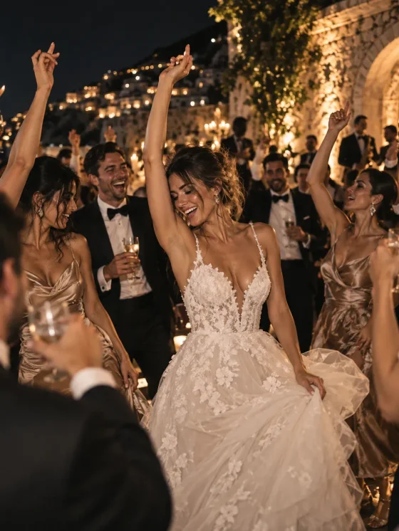 A bride dancing among her guests at night, arms up, candlelight behind her.