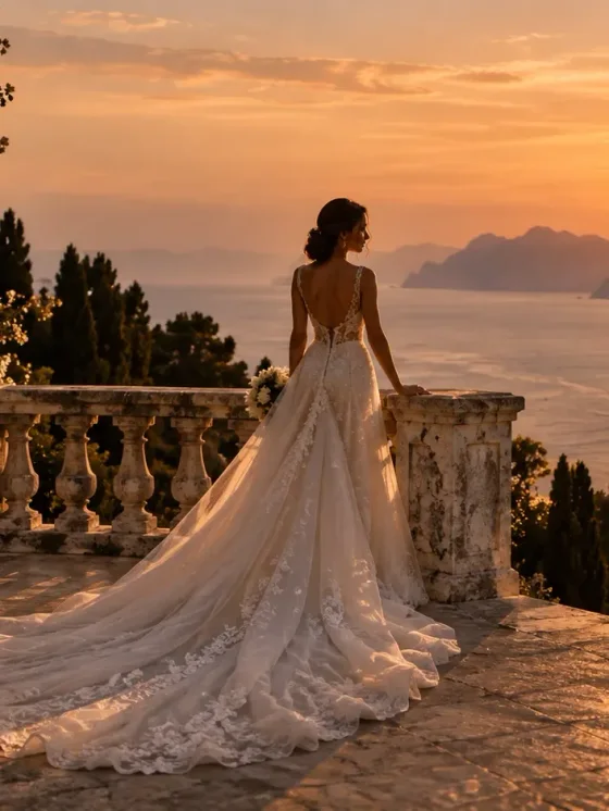A bride at a balustrade above the sea, her train behind her, looking out at the last of the light.